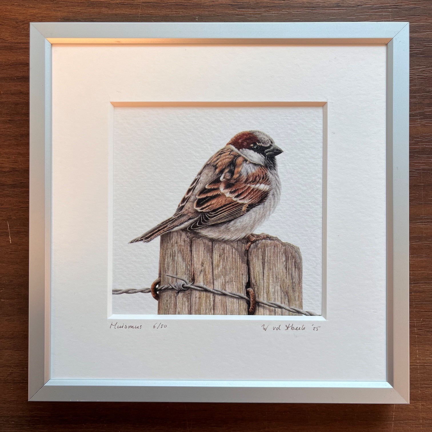 Ingelijst kunstprentje Huismus, 16x16cm